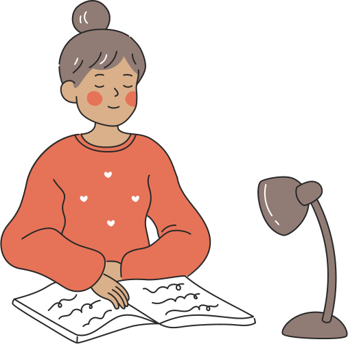 Illustration of a student sitting cross-legged reading a book beside a desk lamp